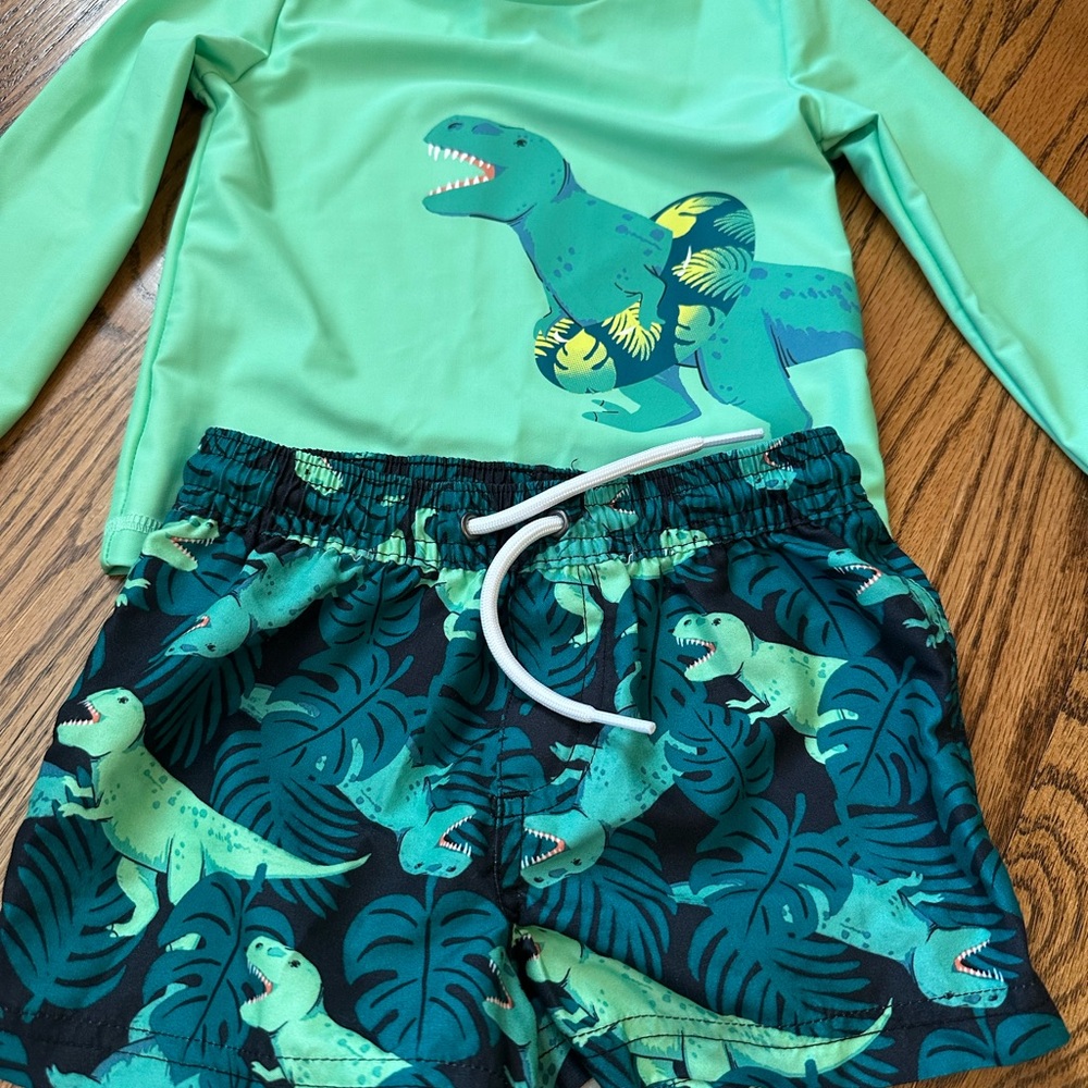Carter's Green Dinosaur Swim Rashguard Set